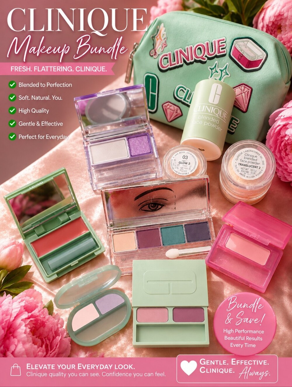 NEW Clinique Makeup Bundle + Cosmetic Bag | Eyeshadow Blush Powder